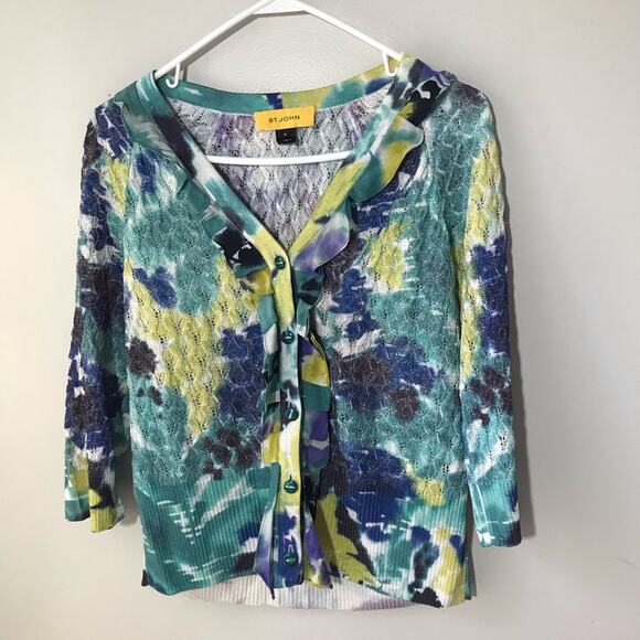 St John womens M abstract floral button up open knit cardigan ruffles cotton - Picture 1 of 12